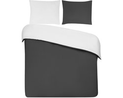 DoubleDry Dekbedovertrek 100% Percal Katoen - Tweepersoons 200x200/220 cm + 2 Kussenslopen - Zacht, Ademend en Huidvriendelijk - Antraciet/Wit