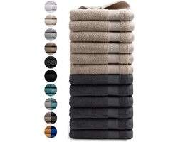 DoubleDry Handdoeken Set 50 x 100 cm - 12 stuks - 100% zacht katoen 500 g/m2 - 6x Beige Taupe & 6x Antraciet