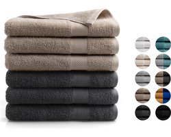 DoubleDry Handdoeken Set 70 x 140 cm - 6 stuks - 100% zacht katoen 500 g/m2 - 3x Beige Taupe & 3x Antraciet