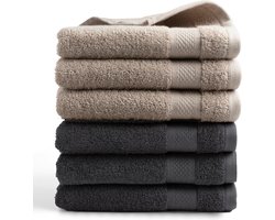 DoubleDry Hotel Handdoeken 50 x 100 cm – Set van 6 – 100% Katoen 500 g/m2 – Zacht & Absorberend - 3x Taupe + 3x Antraciet