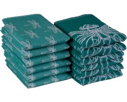 DoubleDry Theedoeken en Keukendoeken Set - 12 Stuks - 100% Katoen - Hoge Absorptie & Duurzaam - Smaragdlibel, Groenblauw