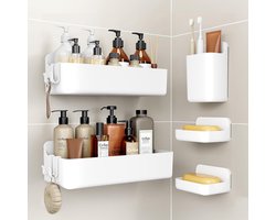 Douche Organizer - Badkamer Planken - Badkamer Opbergen - Boorvrije Montage - 5 Delige Set - Wit