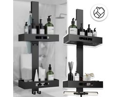 Douche Organizer Hangend 2-Laags - Zwart RVS 304 Badkamerrek met 2 Haken - Zonder Boren Installeren op Frameloze Glazen Deur tot 12mm - Voor Shampoo Conditioner Douchegel