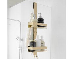 Douche Plank Hangend – Roestvrijstalen Dubbele Laag Douche Rek – Geen Boren Badkamer Opslag voor Glazen Deuren met Haken – Goudkleurig Douche Organizer