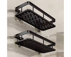 Douche Rek Zonder Boren – Zwart Aluminium Wandrek – Zelfklevende Badkamer Plank – 2 Laags – Roestvrij