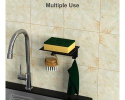 Douche-zeepbakje, wandbevestiging, 304 roestvrij staal, zeephouder zonder boren, zeepmand, keuken, sponshouder, zeephouder met 2 haken, 3M zelfklevend zeepbakje voor douche en badkamer, zwart