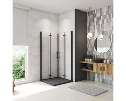 Douchecabine met twee vouwdeuren, mat zwart Profiel, B:90 x D:80 x H:195cm,6mm NANO EasyClean veiligheidsglas