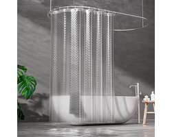 Douchegordijn 100% EVA, waterdicht, anti-schimmel, semi-transparant 3D-ruitpatroon, badgordijn met 12 ringen en haken, 240 x 200 cm, voor badkamer en bad