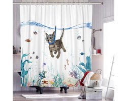 Douchegordijn - 180 x 180 cm - de kat die alleen duikt - polyester - kleur - met haken - Anti Schimmel - Waterdicht - Badkamerdecoratie