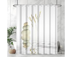 Douchegordijn 180x180 cm – Schimmelwerend stoffen douchegordijn met "Spa-stenen" / Grijs kiezel-Zen-landschapsdesign – Wasbaar, waterdicht polyester badgordijn inclusief 12 haken voor de badkamer
