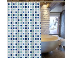 Douchegordijn - 180x180cm - Waterdicht - Doorschijnende gordijnen (blauwgroene vierkanten) - Badkamerdouchegordijn met 12 douchegordijnringen - 1 stuk