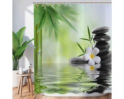Douchegordijn 180x200 cm - Spa Groen met Bamboe, Zwarte Steen en Witte Bloem - Waterdicht en Wasbaar voor Badkamer