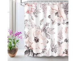 Douchegordijn Anti Schimmel-2 pcs - Roze grijze bloemen- Douche Gordijn 180X200 cm - Shower Curtain - Waterdicht- Polyester-Douche Gordijnringen