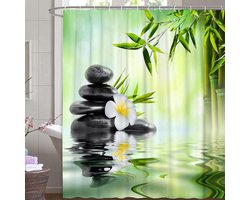 Douchegordijn bamboe op water lichte mist reflecteert textiel gordijn groen exotisch steen Relax schimmelbestendig bamboeblad spa rust incl. 8 C-ringen gewicht onder