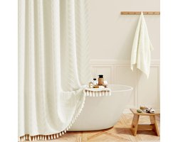 Douchegordijn, Beige Boho Farmhouse Getufteerd Chevron Badgordijn met Kwasten, Bohemian Vintage Waterdichte Decoratieve Douchegordijn-Set met 12 Haken, Crème