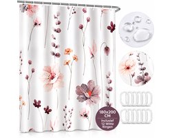 Douchegordijn Bloemen 180x200 cm – Waterafstotend Polyester – Inclusief 12 Witte Douchegordijnringen – Wasbaar – Badkamer Gordijn Floral Beige Roze