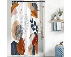 Douchegordijn, boho-stijl, abstract, blauwe bladeren, midden van de eeuw, douchegordijn, anti-schimmel, waterdicht, polyester stof, wasbaar, ondoorzichtig, badgordijn met haken, 120 x 200 cm