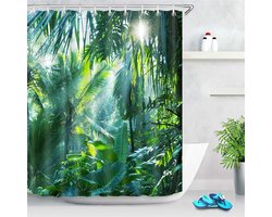 Douchegordijn - Bospatroon Douchegordijn - Natuurlijk Landschap Bos Groen Zonpatroon Textiel Waterdicht Badkamer Douchegordijn - Wasbaar Stoffen Douchegordijn - Met 12 Haken - 180 x 200 cm - 1 stuk