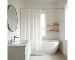 Douchegordijn crèmekleurig, smalle breedte 150 cm x hoogte 150 cm, waterafstotend polyester met verzwaarde zoom en roestvrijstalen ringen