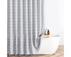 Douchegordijn - Douchegordijn met kwastjes - Grijze Boho kleine douchegordijn - katoenen linnen douchegordijnen - voor boerderij , badkamer inrichting - moderne stoffen douchegordijnset met haken - Geruit patroon - grijs - 183*183 cm