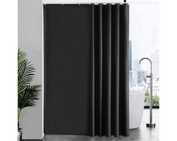 Douchegordijn, extra lang badgordijn, schimmelwerend textiel voor bad en douche, gordijn van stof, antibacterieel, wasbaar, zwart, extra groot, 200 x 220 cm met 12 douchegordijnringen