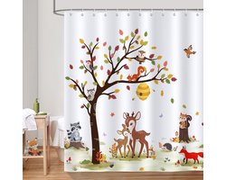 Douchegordijn herfst bos dieren boom herten vos douchegordijnen voor kinderen 180 x 180 cm schimmelwerend waterdicht polyester wasbaar badkamergordijn voor badkamer met 12 haken