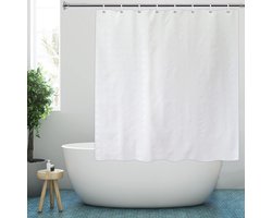 Douchegordijn, kort en smal model, van polyester, schimmelbestendig, metalen ogen, 150 x 150 cm, met geometrisch patroon, kleur wit