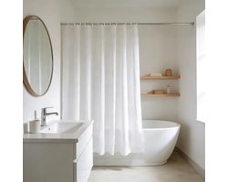 Douchegordijn kort model - Polyester textiel, waterafstotend, met magneet en haken - 180 x 150 cm (b x h) - Wit
