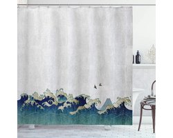 Douchegordijn met Japanse golven, waterige wervelingen, stoffen badkamerdecoratieset met haken, 180 cm x 180 cm, crèmegrijsblauw