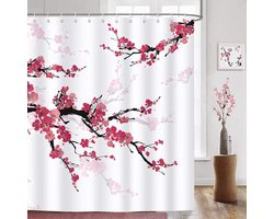 Douchegordijn met kersenbloesem Japans rode bloemen douchegordijnen 180 x 180 cm anti-schimmel waterdicht polyester stof wasbaar badgordijn voor badkamer met 12 haken