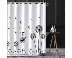 Douchegordijn met Paardebloem Motief - Zwart-wit Design, Waterdicht en Inclusief Haken
