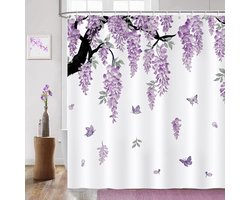 Douchegordijn met paarse bloemen, blauweregen, bloem, vlinder, badkamergordijn, 183 x 183 cm, waterafstotend, schimmelbestendig polyester met 12 haken