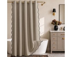 Douchegordijn - No Hook Douchegordijn met Schelprand –Beige Waaier Kant Design met Linnen Textuur - Wasbaar, Zwaar en Verzwaarde Onderkant – Geschikt voor Badkamer en Bad - 180 × 180 cm –Bruin