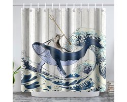 Douchegordijn van polyester, 180x200 cm, schimmelwerend, wasbaar en waterdicht, met 12 C-vormige haken, geschikt voor thuis, badkamer, badkuip, douche, hotel (Cat Whale)