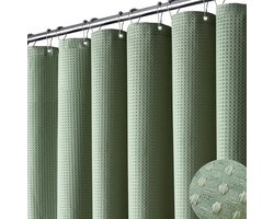 Douchegordijn van Zware Wafelstof - Waterafstotend, Kreukvrij en Valt Strak (180x180 cm, Grasgroen) - Polyester Badkamer Gordijn Set met 12 Haken, Geschikt voor Moderne Hotel, Appartement en Eigen Huis