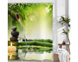 Douchegordijn voor in de tuin, 180x180cm, groene bamboe, zwarte steen, wit bloemenbadgordijn, Japans meditatie- en ontspanningsdouchegordijn van waterdicht polyester, wasbaar, met haken.
