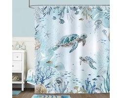 Douchegordijn Zeeschildpad Blauwe Oceaan Strand Kust Douchegordijnen 180 x 200 cm Anti-schimmel Waterdicht Polyester Stof Wasbaar Badkamergordijn voor Badkamer met 12 Haken