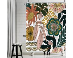 douchegordijnen - Boheemse stijl - douche gordijn - 180* 180 cm - Met kunststof haak - Voor badkamer en toilet - Bloemen groen bladeren roze - Polyester