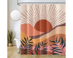 Douchegordijnen - Schimmelbestendig douchescherm, 180 x 180 cm, terracottabladen, abstract blauw landschap, oranje badkamerchermen, wasbaar polyester, met 12 haakjes