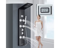 Douchekolom Hydromassagedouchepaneel Zwart met LCD-display en handdouche en 6 grote massagestralen Multifunctioneel douchesysteem van roestvrij staal voor de badkamer