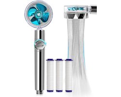 Douchekop, handdouche, hoge druk, waterbesparend, 360 graden draaibaar, propelleraandrijving, met 3 filters, turbospa, met ventilator en schakelaar, blauw