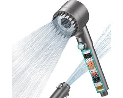 Douchekop met 15-laags filter - Hoge waterdruk, waterbesparend - Met 1,5 m slang - 3 sproeistanden + siliconen massageborstel - Verwijdert hard water / chloor - Douchekop met filter - Grijs