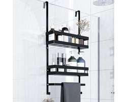 Douchemand Zwart met 2 Ophangrekken – Roestvrij Staal – Doucheplank Zonder Boren – Shampoo Houder – Hangende Douche Organizer – Badkamerrek voor Glazen Douchedeuren – Opbergmand voor Doucheaccessoires