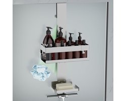 Doucheplank om op te Hangen met Zeepbakje, Roestvrij Staal , Zonder Boren, voor Frameloze Glazen Deur, Shampoo- en Douchegelhouder, Stijl B, Zilver
