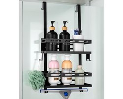 Doucheplank Ophangen Zonder Boren - 2-laags Douche Rek voor Glazen Deur - Zwart Badkamer Organizer