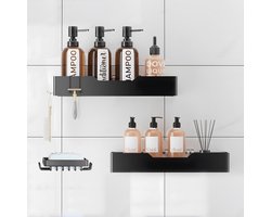Doucheplank Set van 3 - Multifunctionele Badkamer Organizer met 4 Haken - Geen Boren Nodig, Waterdicht en Roestbestendig