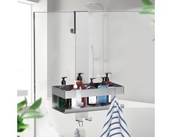 Doucheplank voor Ophangen - Roestvrij Staal - Douchemand zonder Boren - Shampoohouder met Haken voor Glazen Douchewand - Geschikt voor Frameless Doudeuren - Douche Rek zonder Schade