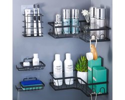 Doucheplank zonder Boren - Hoek 5 Stuks - Organizer voor Badkamer en Keuken - Zwart - Waterdicht Douchemand met Zeephouder en Tandenborstelhouder