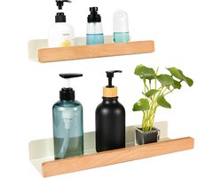 Doucheplank zonder boren van hout, set van 2 doucheplanken, zonder boren, matzwart, wandrek van ferrolegering en walnoot voor badkamer, keuken, woonkamer