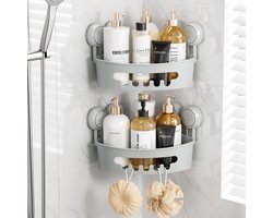 Doucheplank Zonder Boren - Verstelbare Hoek Douche Caddy Set van 2 - Zuignap Douche Organizer met Haakjes - Zwarte Roestvrijstalen Doucheplank - Grijze Douche Organizer